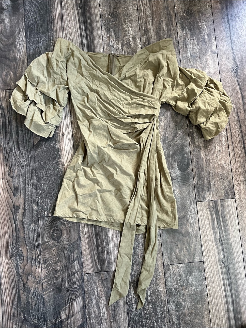 Olive Green Puff Sleeve Wrap Top